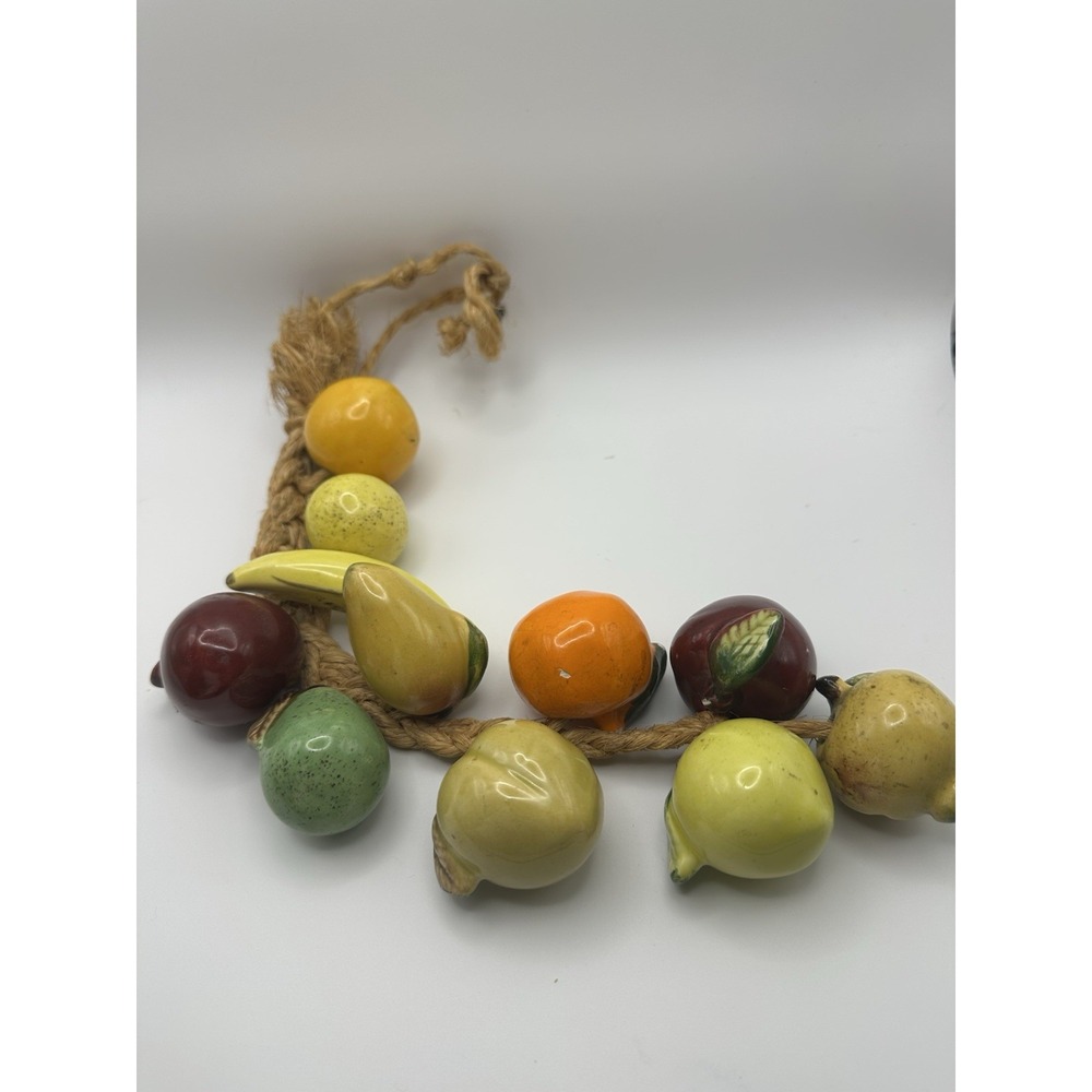 MCM Kitsch Ceramic Hanging Mixed Fruit Bunch Braided Rope 22" Garland Mexico